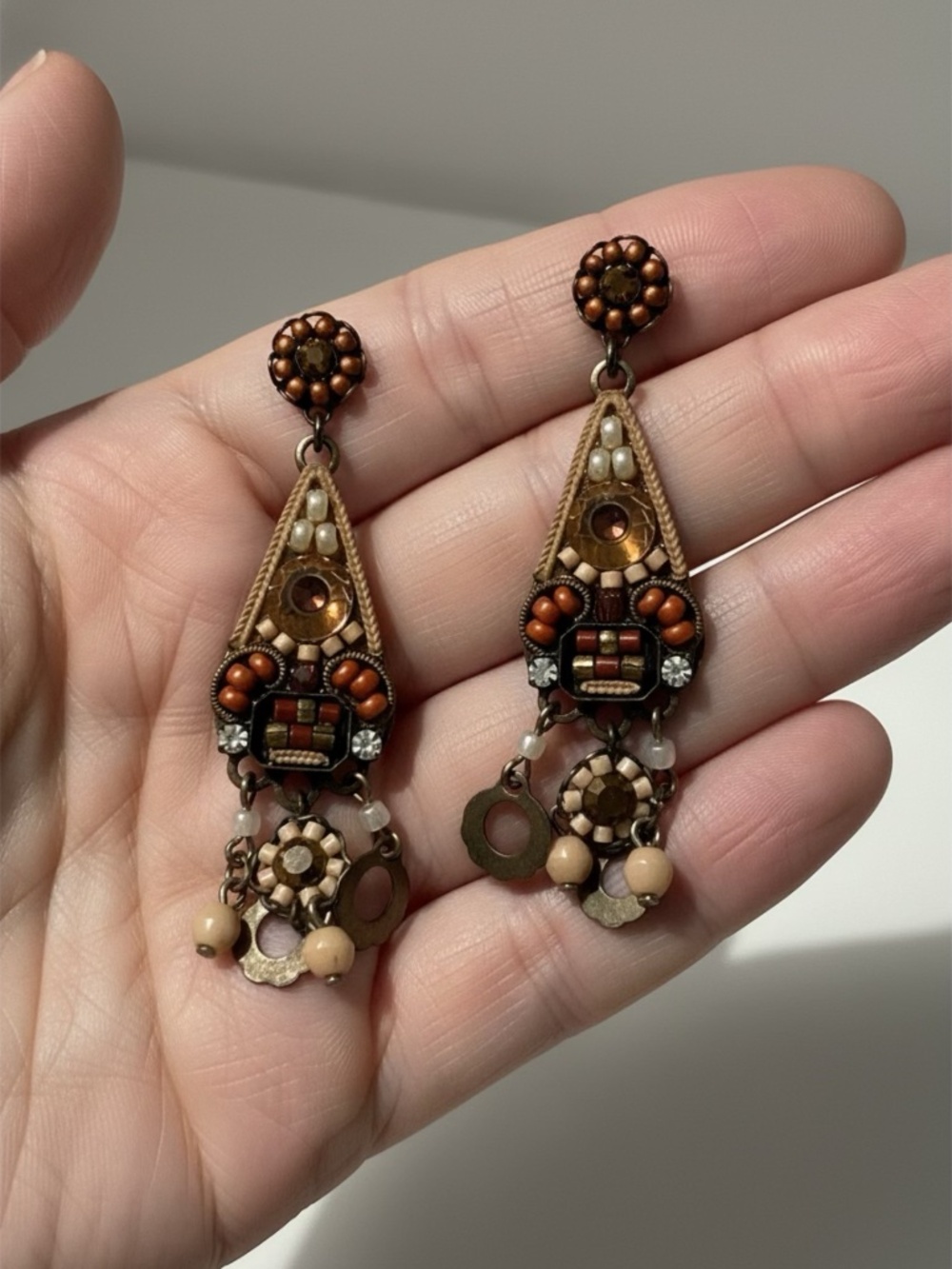 Ayala Bar Brown Dangle Earrings Mosaic and Rhinestone Earth Tones Boho Artisan